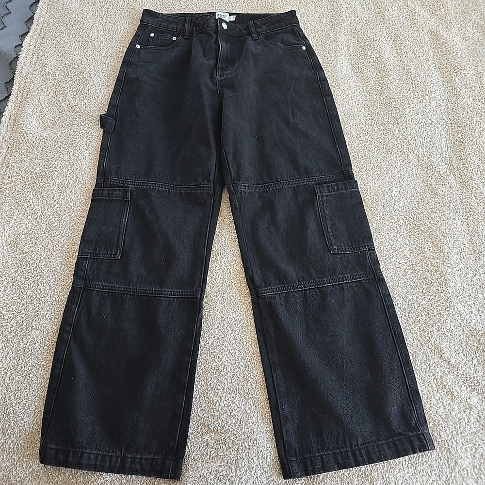 Princess Polly Thomson High Rise Wide Leg Cargo Jeans Black Sz 8 Y2K 90s Grunge